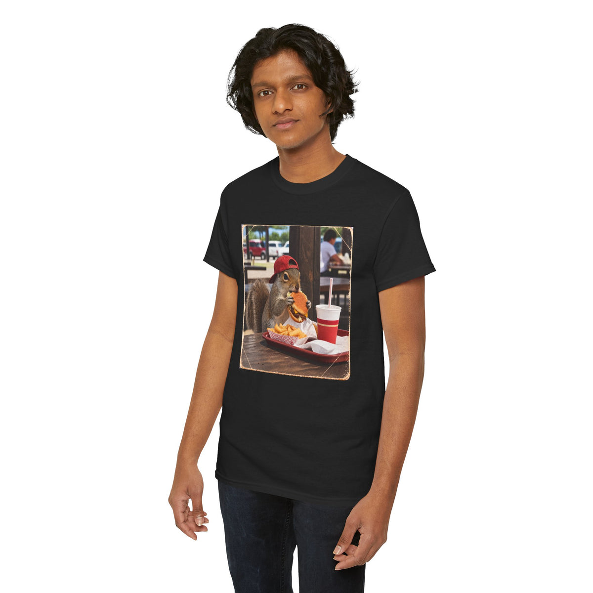 Squirrel Eating Burger T‑Shirt — Funny Animal Photo Tee