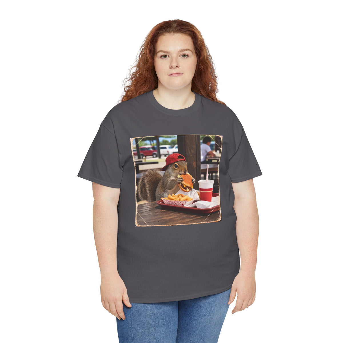 Squirrel Eating Burger T‑Shirt — Funny Animal Photo Tee