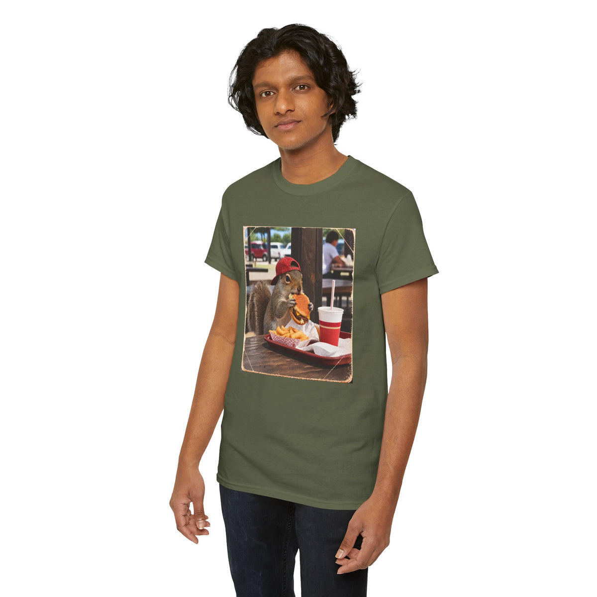Squirrel Eating Burger T‑Shirt — Funny Animal Photo Tee