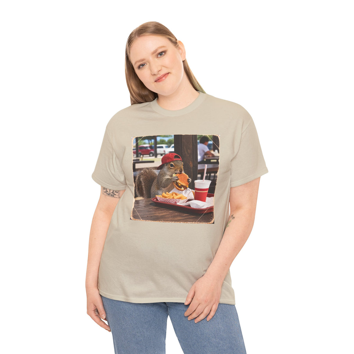 Squirrel Eating Burger T‑Shirt — Funny Animal Photo Tee