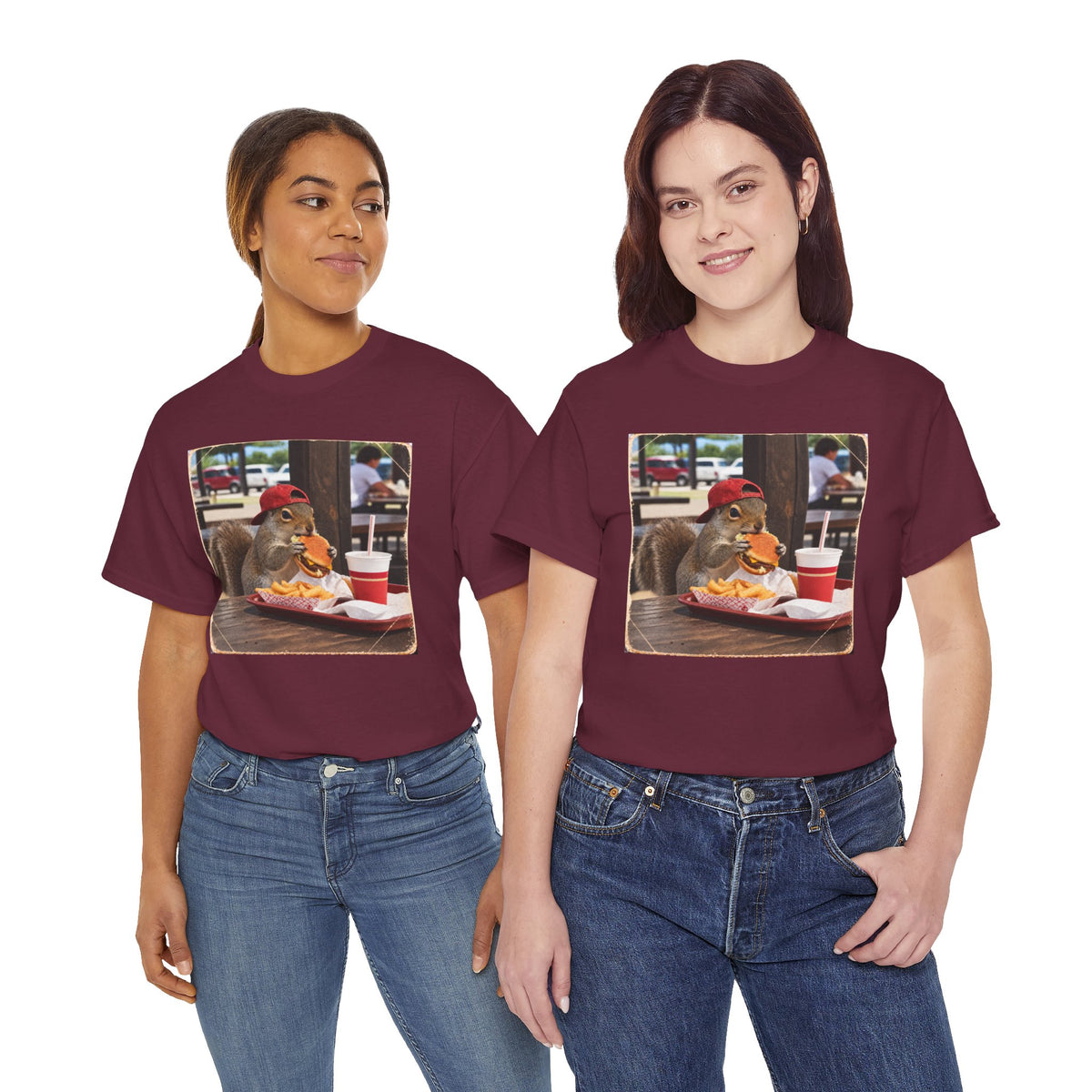Squirrel Eating Burger T‑Shirt — Funny Animal Photo Tee