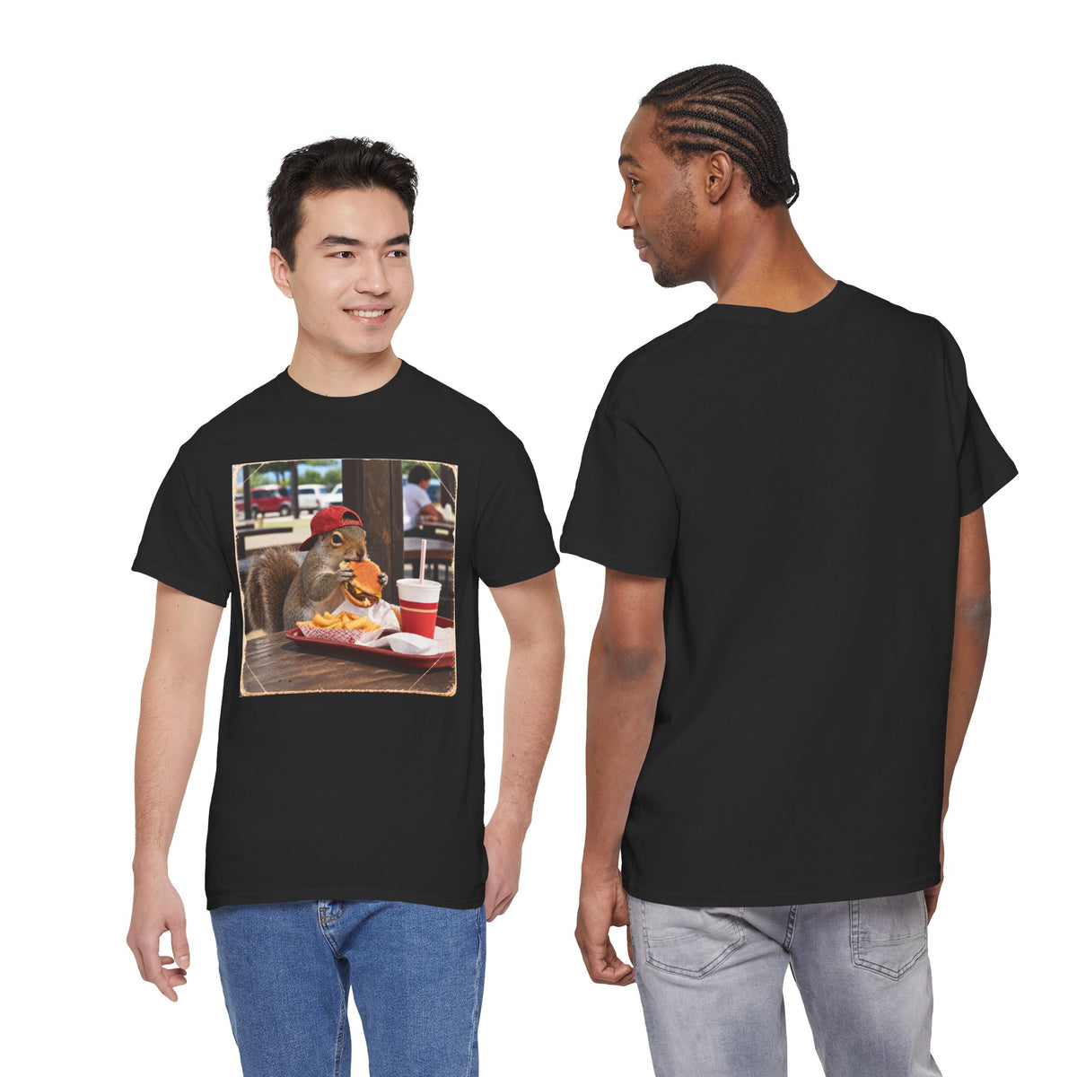 Squirrel Eating Burger T‑Shirt — Funny Animal Photo Tee