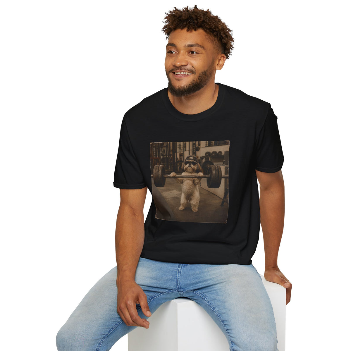 Strong Dog Lifting Barbell T-Shirt | Cute Gym Animal Graphic Tee