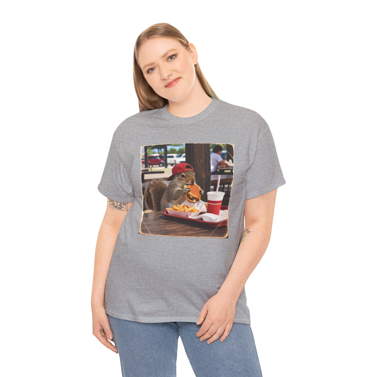 Squirrel Eating Burger T‑Shirt — Funny Animal Photo Tee