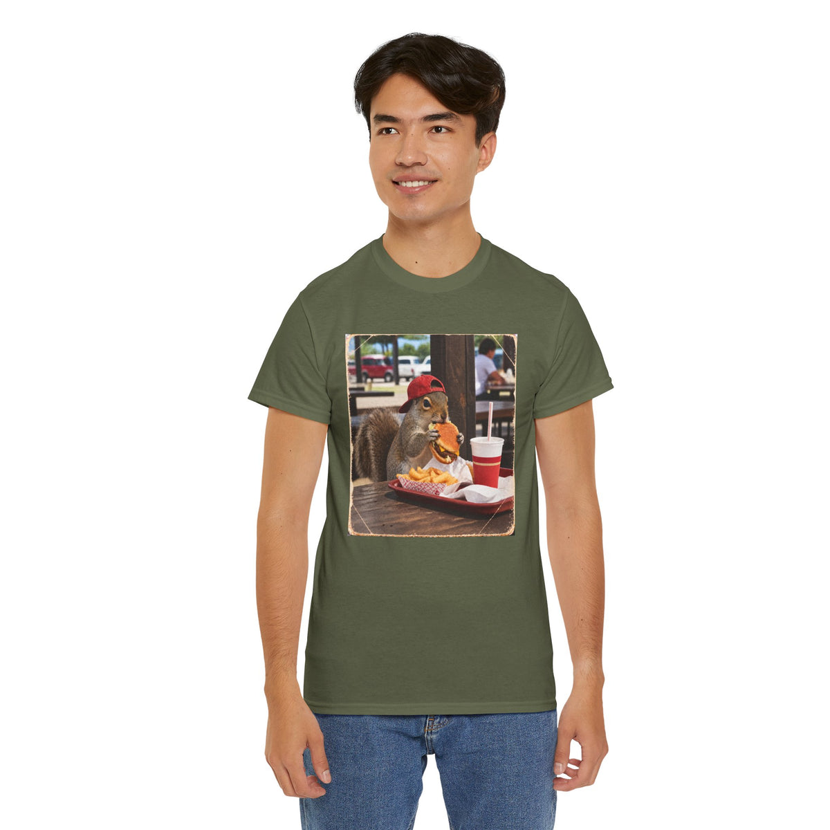 Squirrel Eating Burger T‑Shirt — Funny Animal Photo Tee