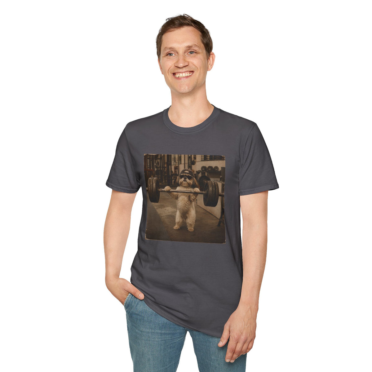 Strong Dog Lifting Barbell T-Shirt | Cute Gym Animal Graphic Tee