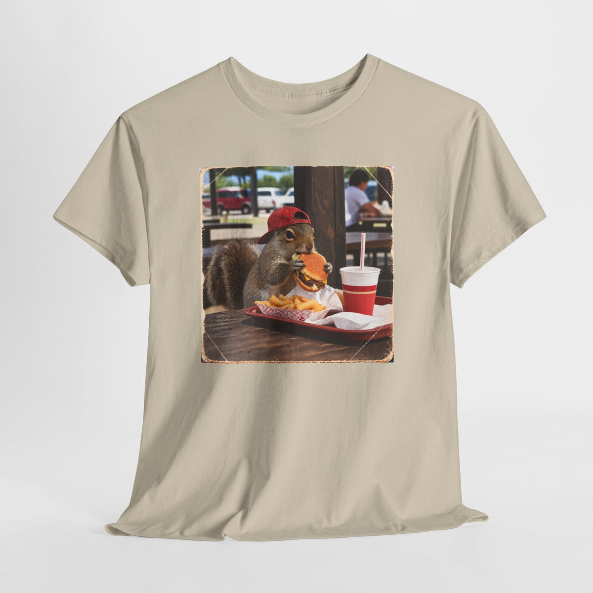Squirrel Eating Burger T‑Shirt — Funny Animal Photo Tee