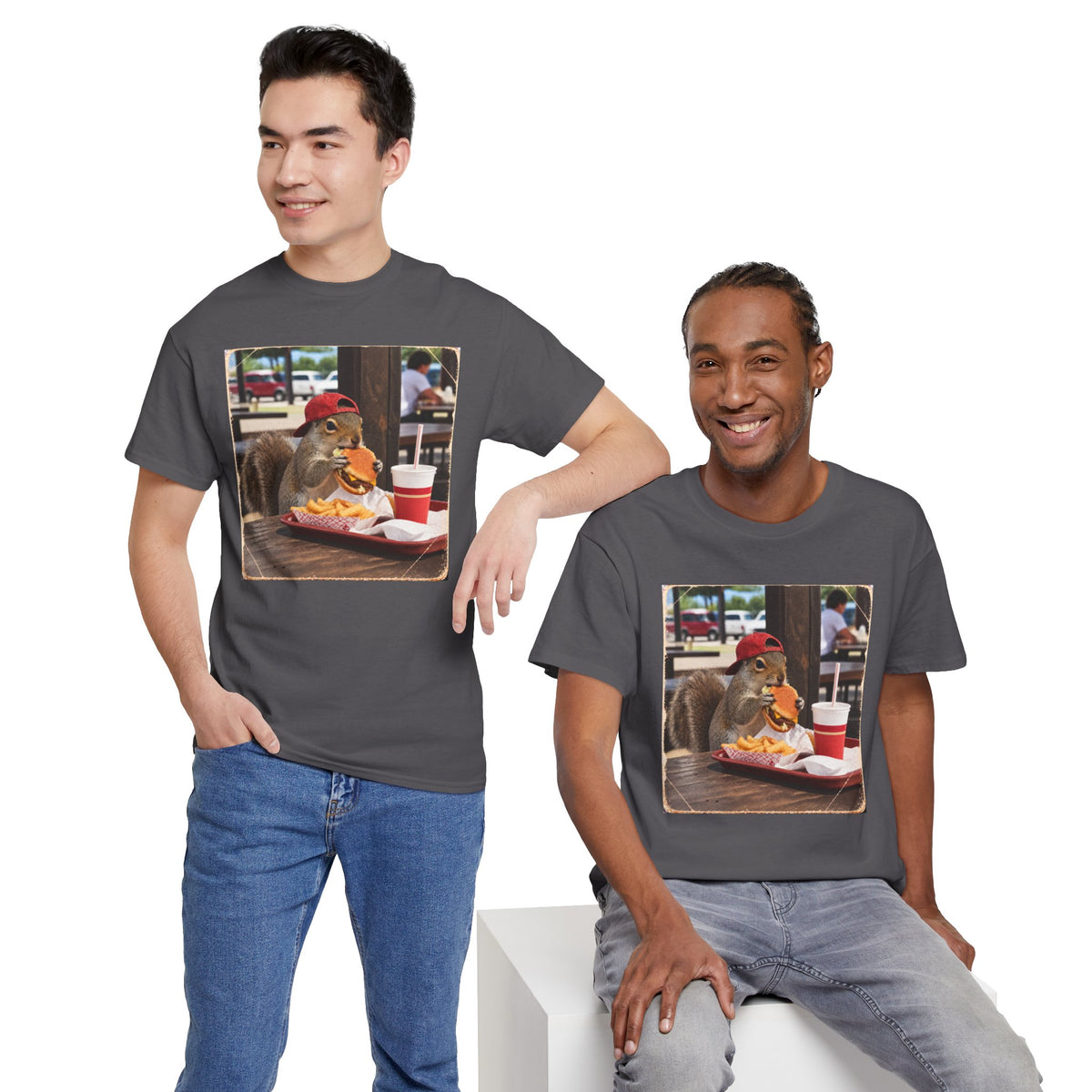 Squirrel Eating Burger T‑Shirt — Funny Animal Photo Tee