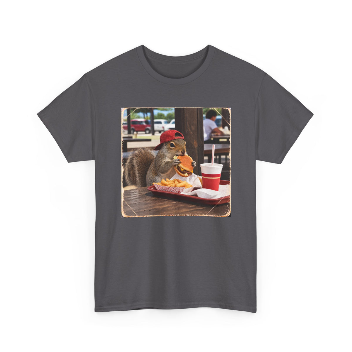Squirrel Eating Burger T‑Shirt — Funny Animal Photo Tee