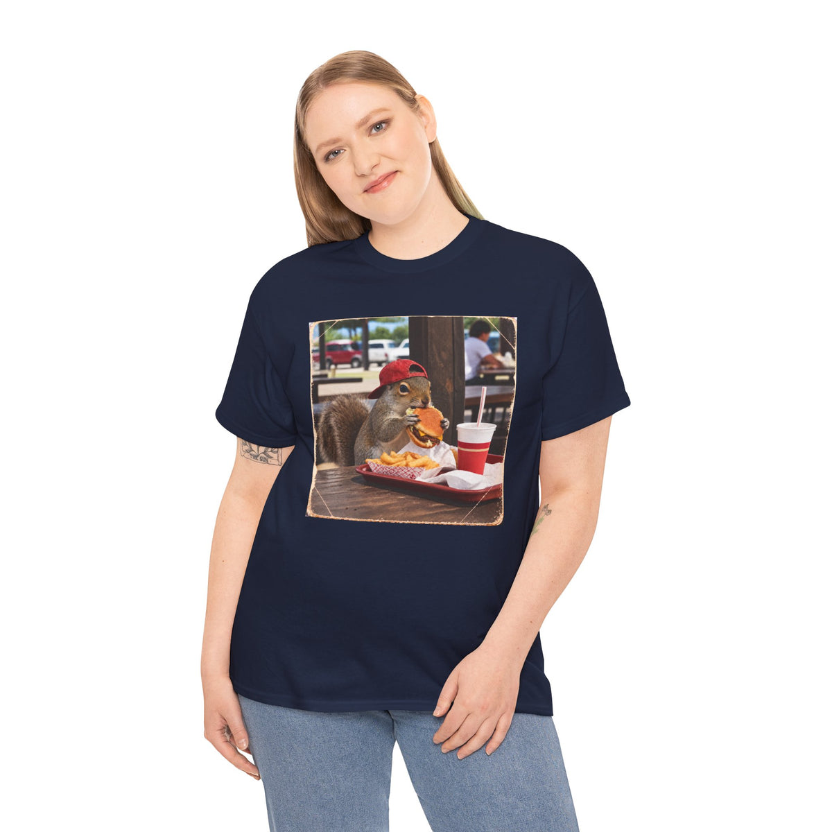Squirrel Eating Burger T‑Shirt — Funny Animal Photo Tee