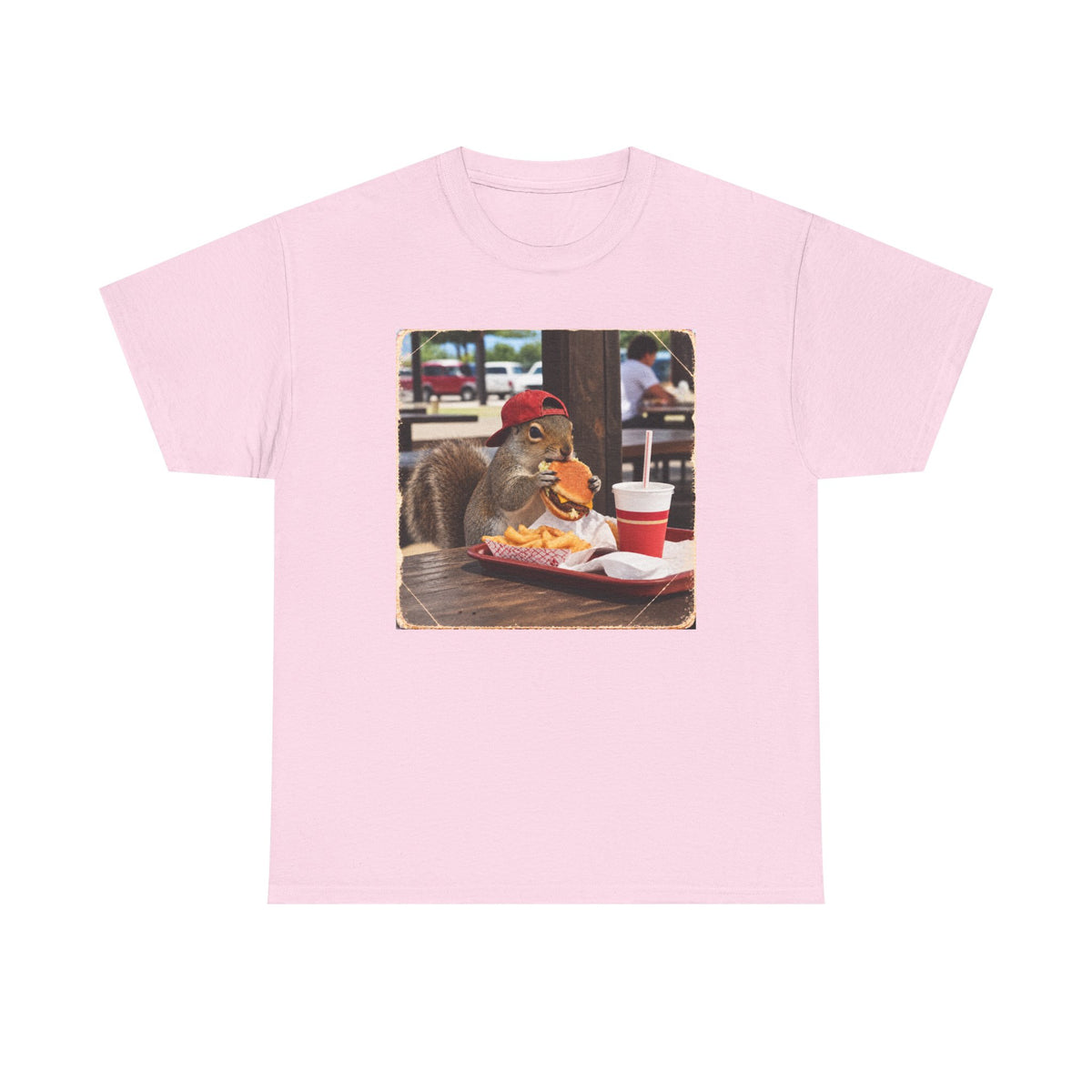Squirrel Eating Burger T‑Shirt — Funny Animal Photo Tee