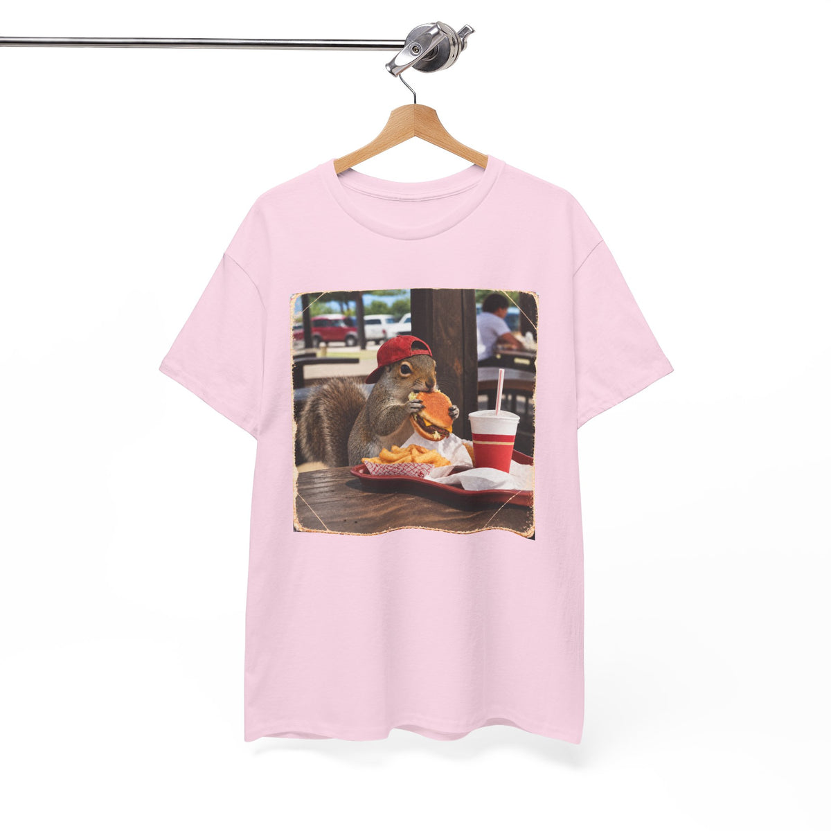 Squirrel Eating Burger T‑Shirt — Funny Animal Photo Tee