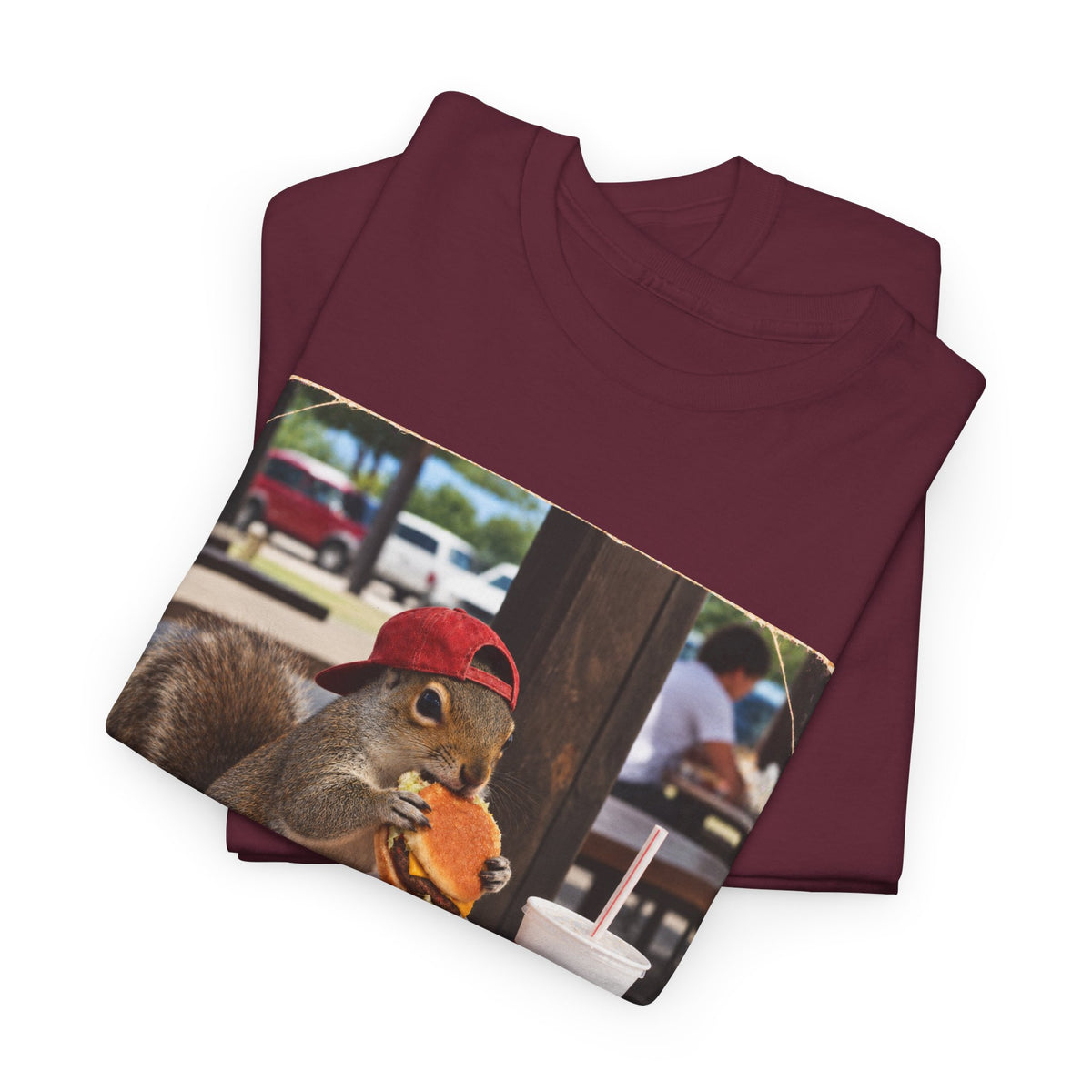 Squirrel Eating Burger T‑Shirt — Funny Animal Photo Tee