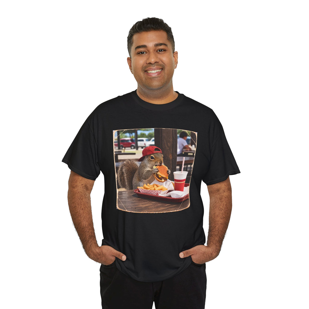 Squirrel Eating Burger T‑Shirt — Funny Animal Photo Tee