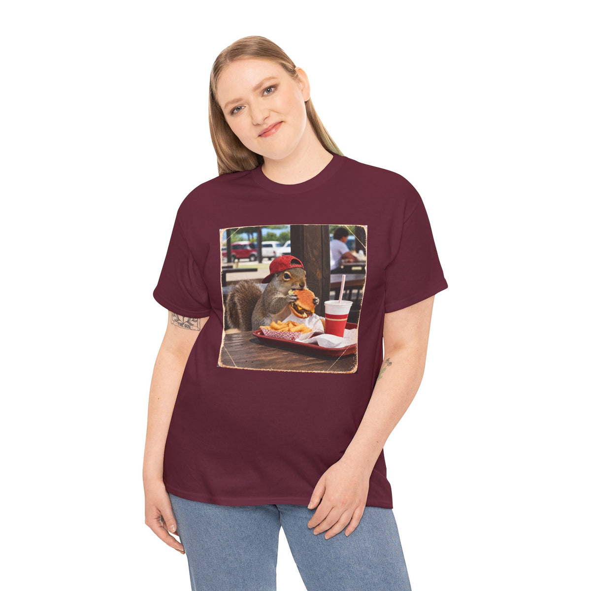 Squirrel Eating Burger T‑Shirt — Funny Animal Photo Tee