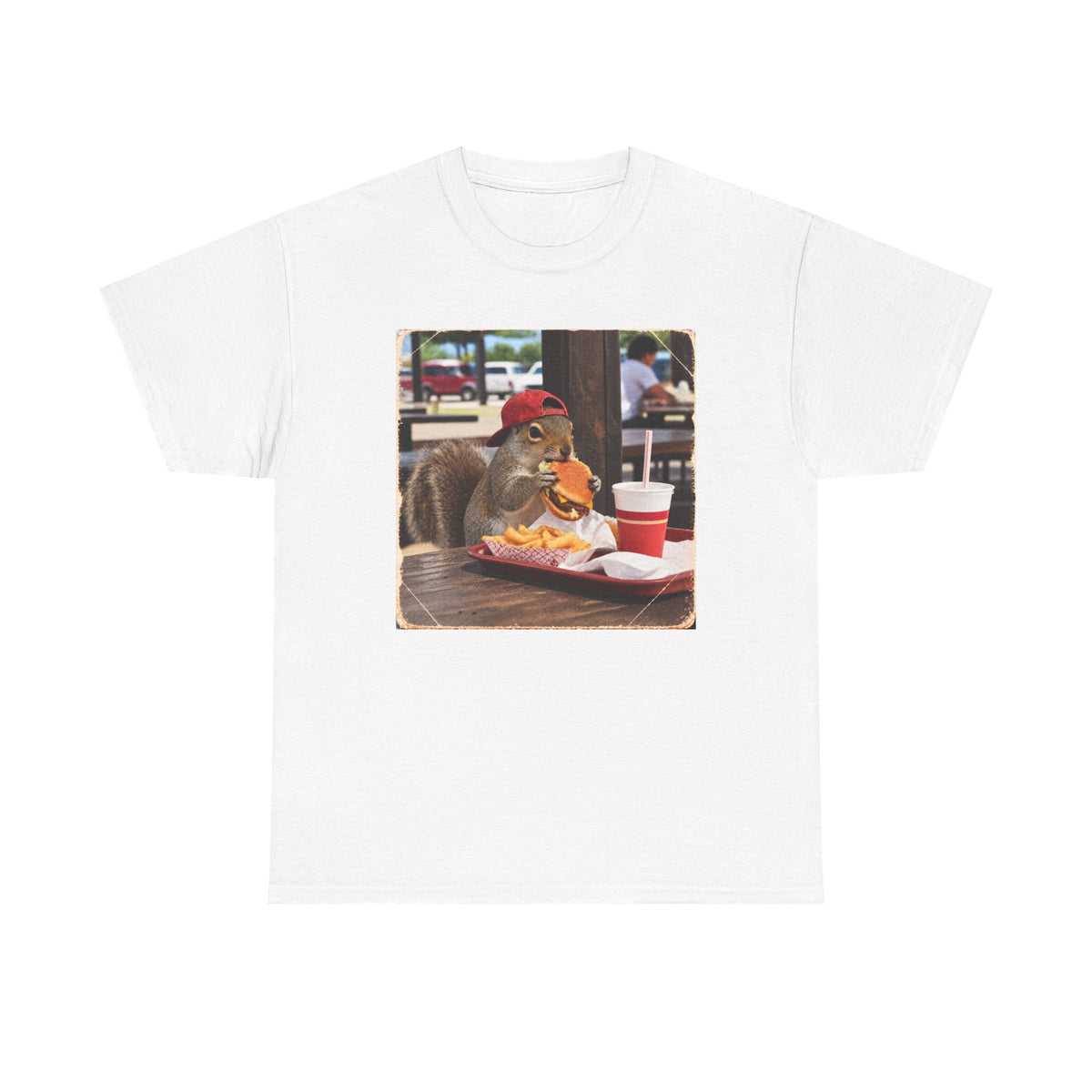 Squirrel Eating Burger T‑Shirt — Funny Animal Photo Tee