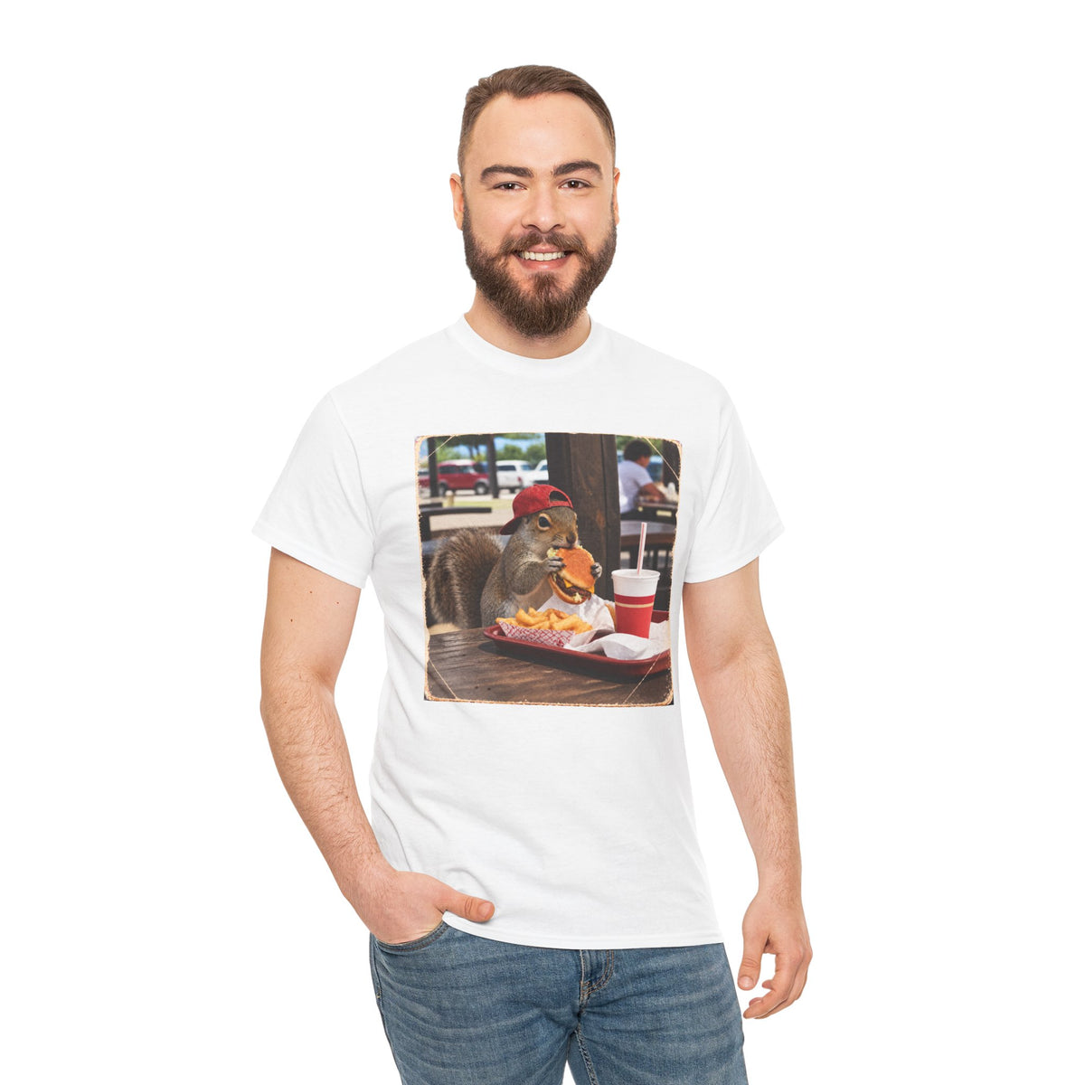 Squirrel Eating Burger T‑Shirt — Funny Animal Photo Tee