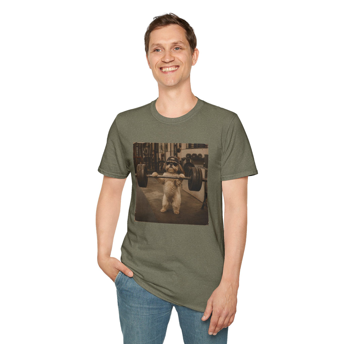 Strong Dog Lifting Barbell T-Shirt | Cute Gym Animal Graphic Tee