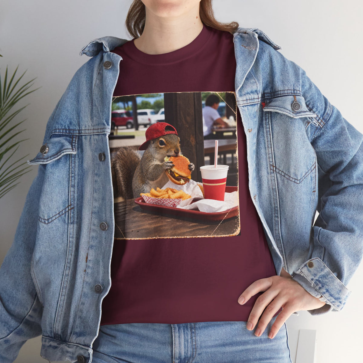 Squirrel Eating Burger T‑Shirt — Funny Animal Photo Tee