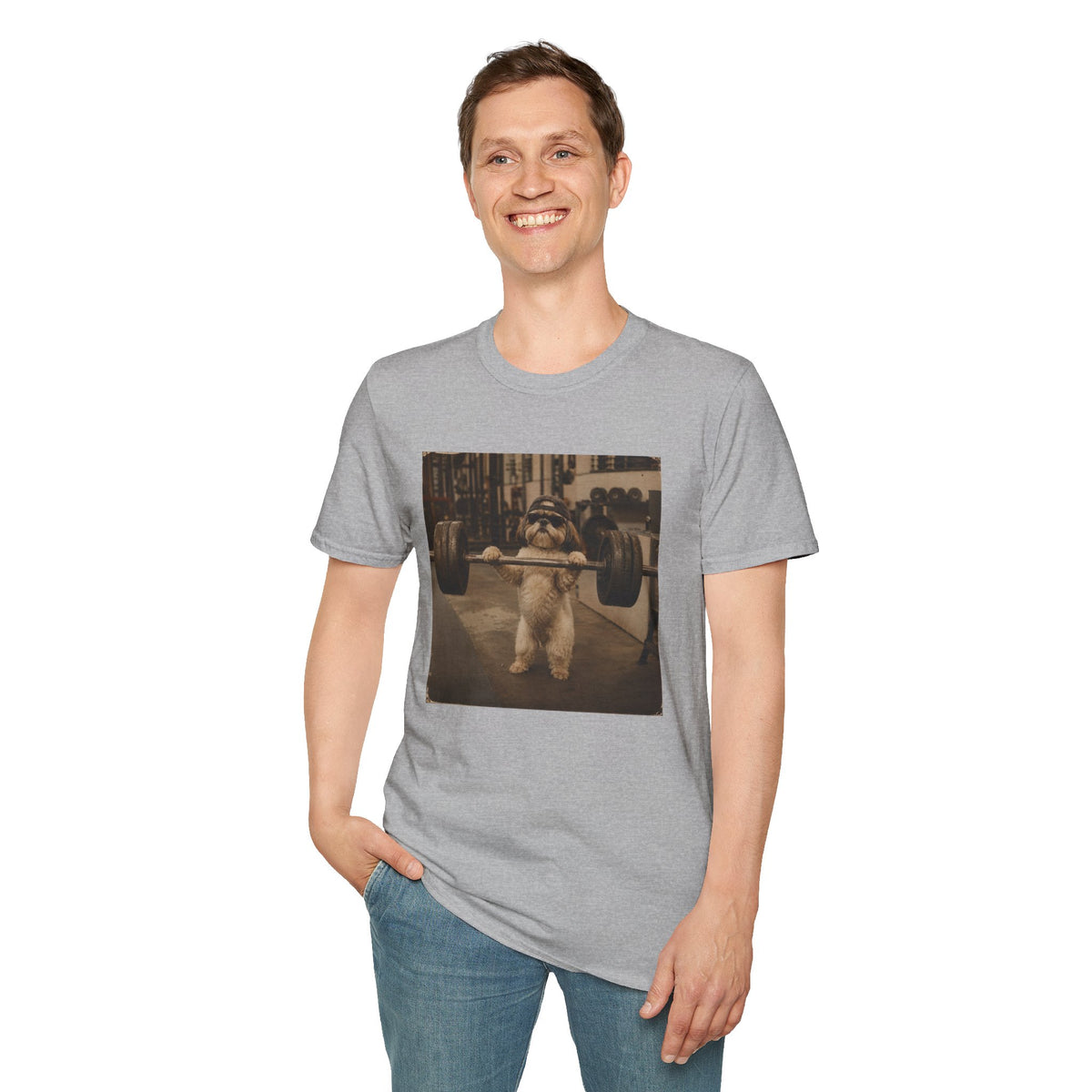 Strong Dog Lifting Barbell T-Shirt | Cute Gym Animal Graphic Tee
