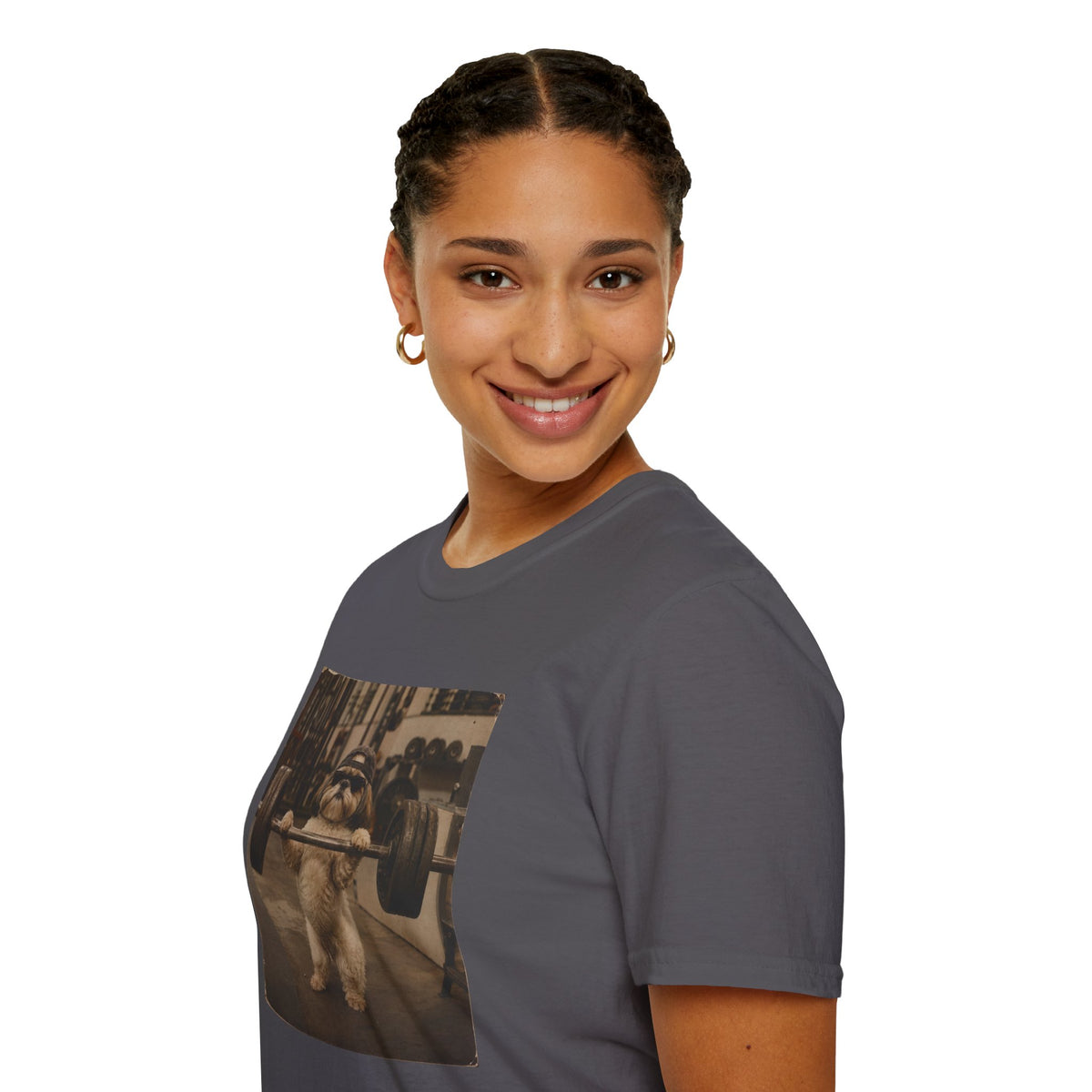 Strong Dog Lifting Barbell T-Shirt | Cute Gym Animal Graphic Tee