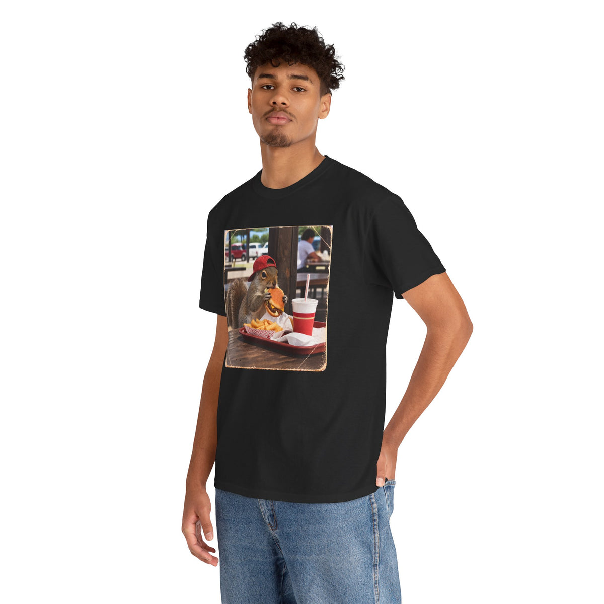 Squirrel Eating Burger T‑Shirt — Funny Animal Photo Tee