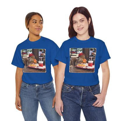 Squirrel Eating Burger T‑Shirt — Funny Animal Photo Tee