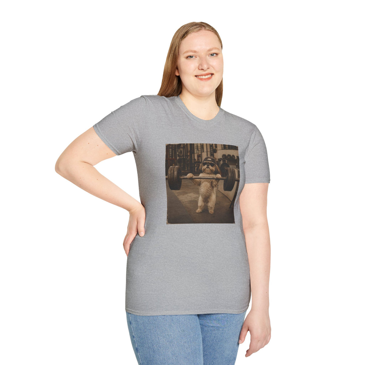 Strong Dog Lifting Barbell T-Shirt | Cute Gym Animal Graphic Tee