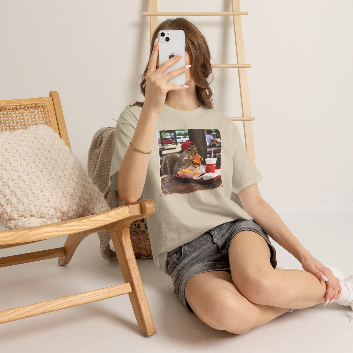 Squirrel Eating Burger T‑Shirt — Funny Animal Photo Tee