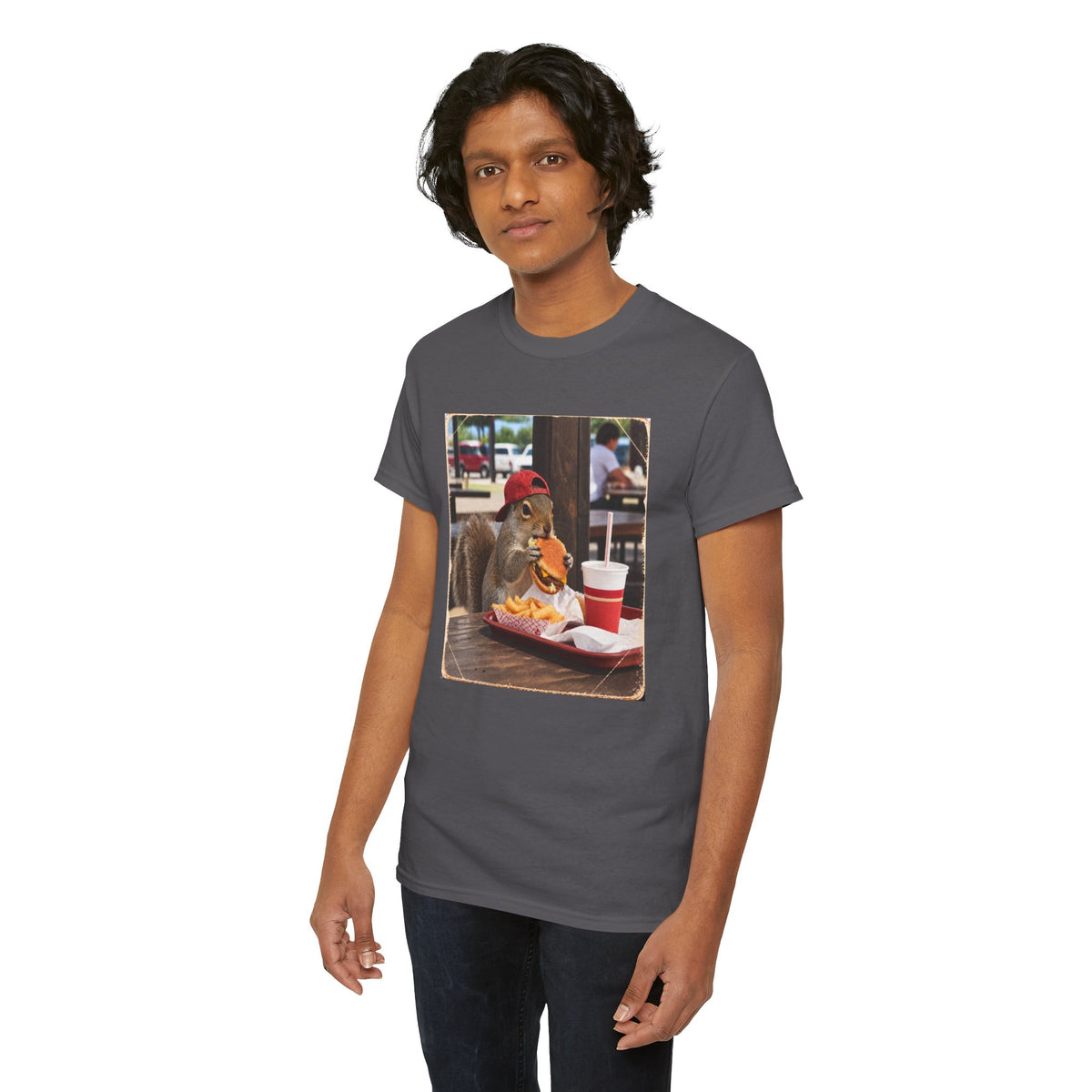 Squirrel Eating Burger T‑Shirt — Funny Animal Photo Tee