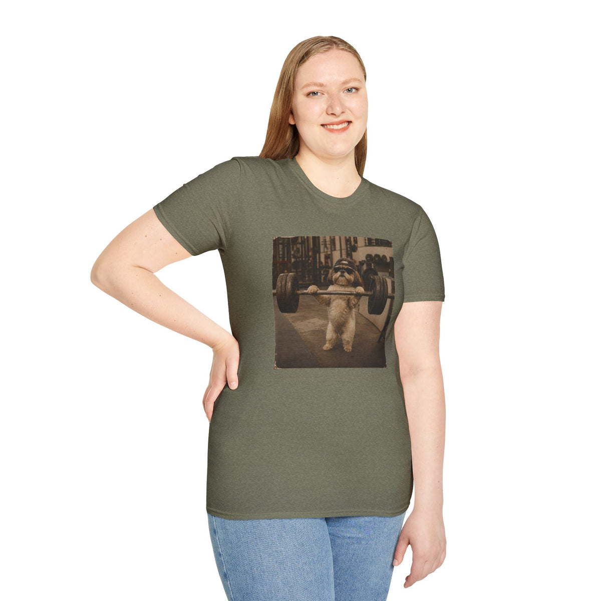 Strong Dog Lifting Barbell T-Shirt | Cute Gym Animal Graphic Tee