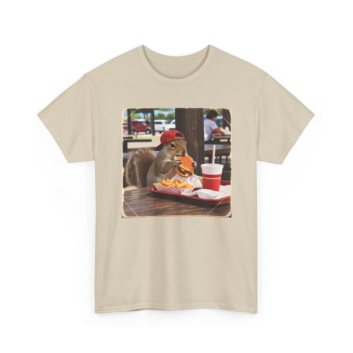 Squirrel Eating Burger T‑Shirt — Funny Animal Photo Tee