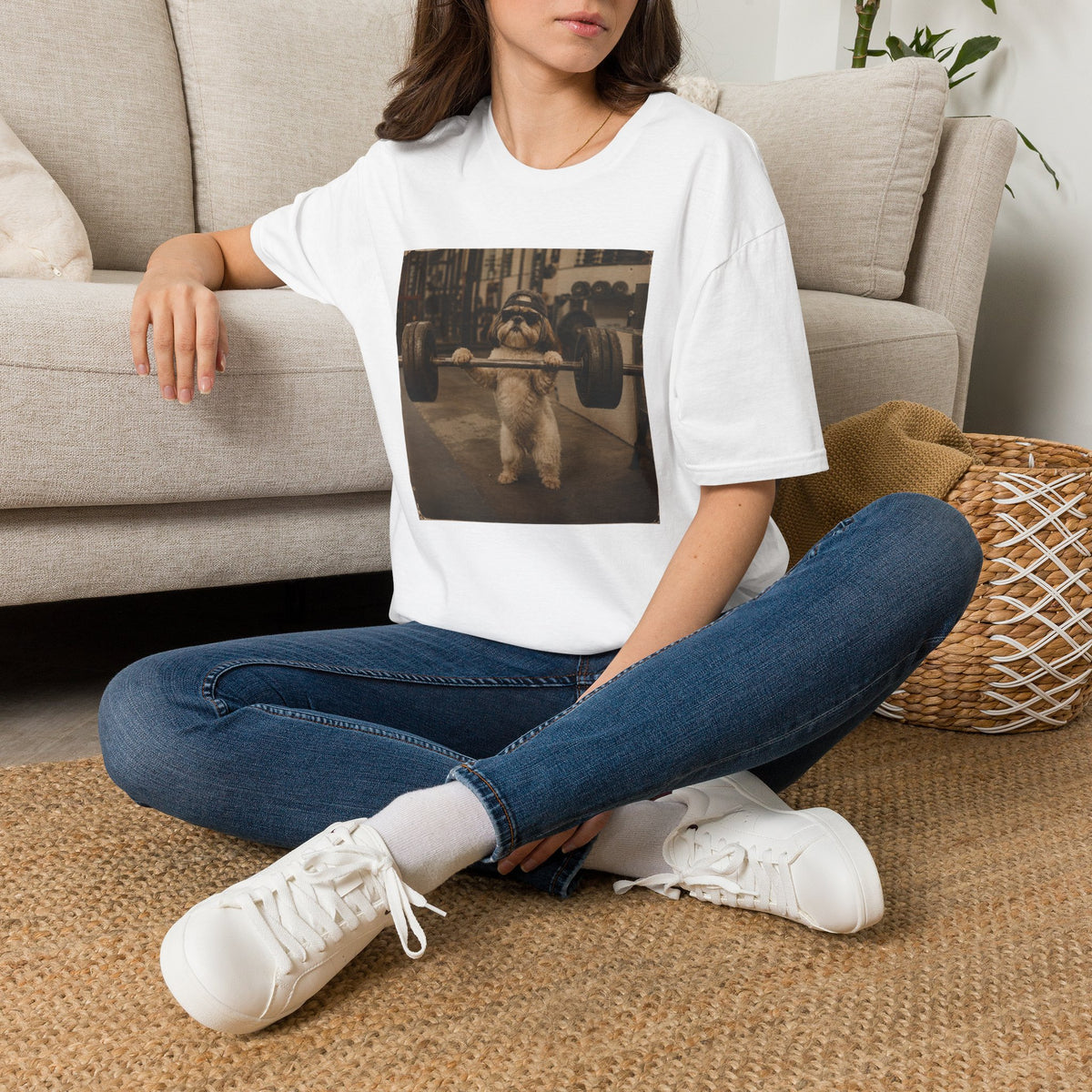 Strong Dog Lifting Barbell T-Shirt | Cute Gym Animal Graphic Tee