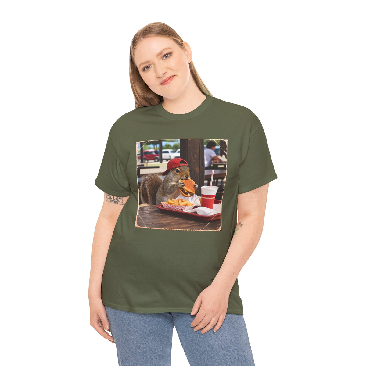 Squirrel Eating Burger T‑Shirt — Funny Animal Photo Tee