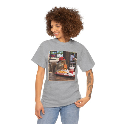 Squirrel Eating Burger T‑Shirt — Funny Animal Photo Tee
