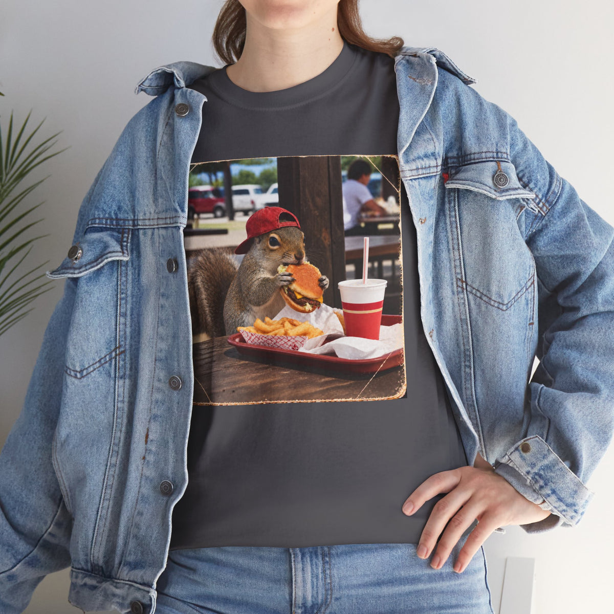 Squirrel Eating Burger T‑Shirt — Funny Animal Photo Tee