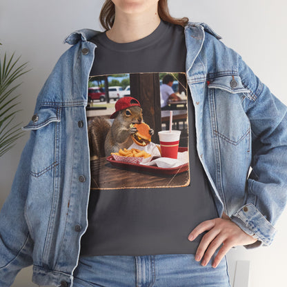 Squirrel Eating Burger T‑Shirt — Funny Animal Photo Tee