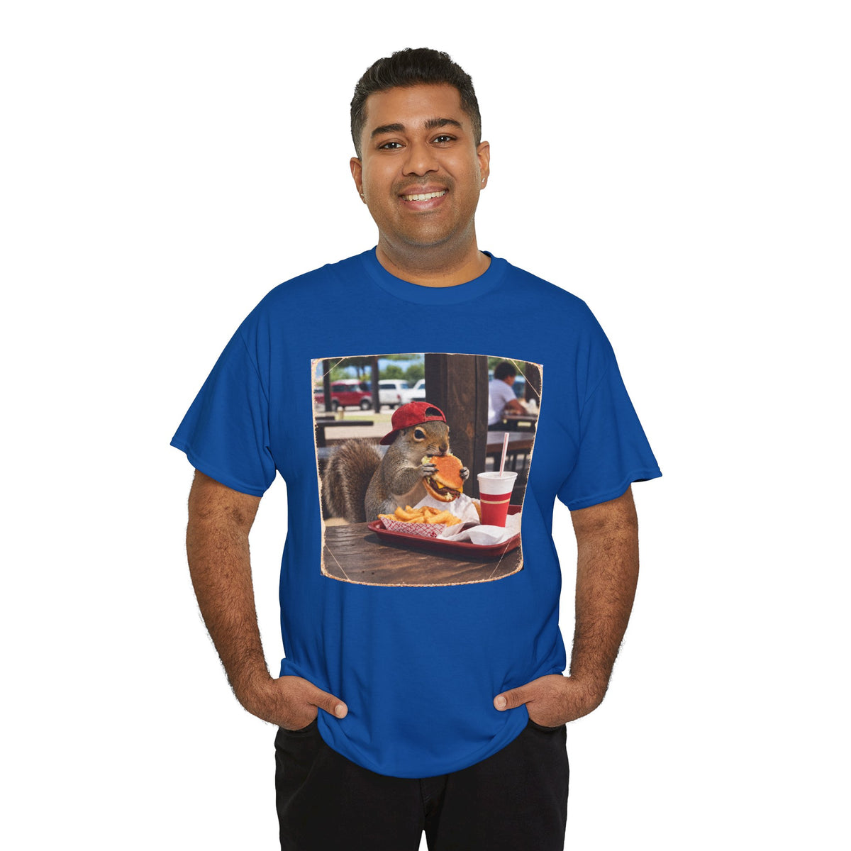 Squirrel Eating Burger T‑Shirt — Funny Animal Photo Tee