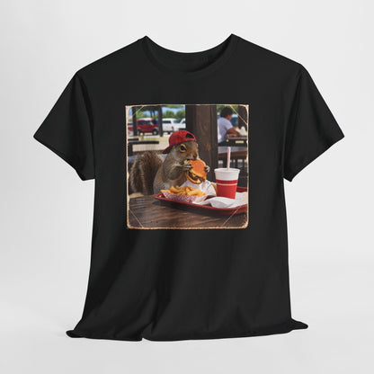Squirrel Eating Burger T‑Shirt — Funny Animal Photo Tee