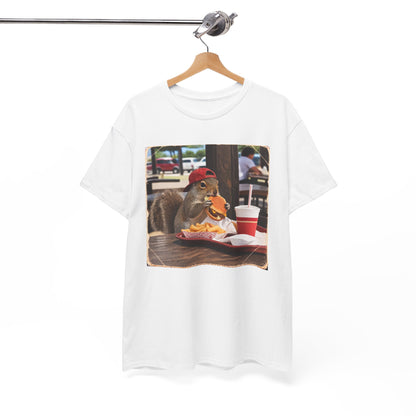 Squirrel Eating Burger T‑Shirt — Funny Animal Photo Tee