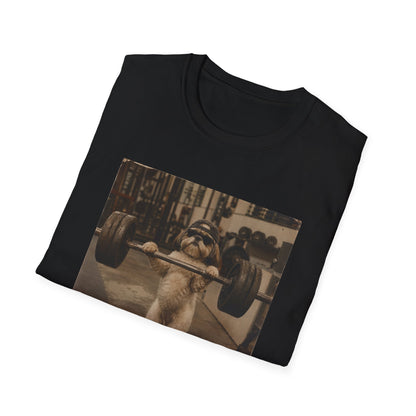 Strong Dog Lifting Barbell T-Shirt | Cute Gym Animal Graphic Tee