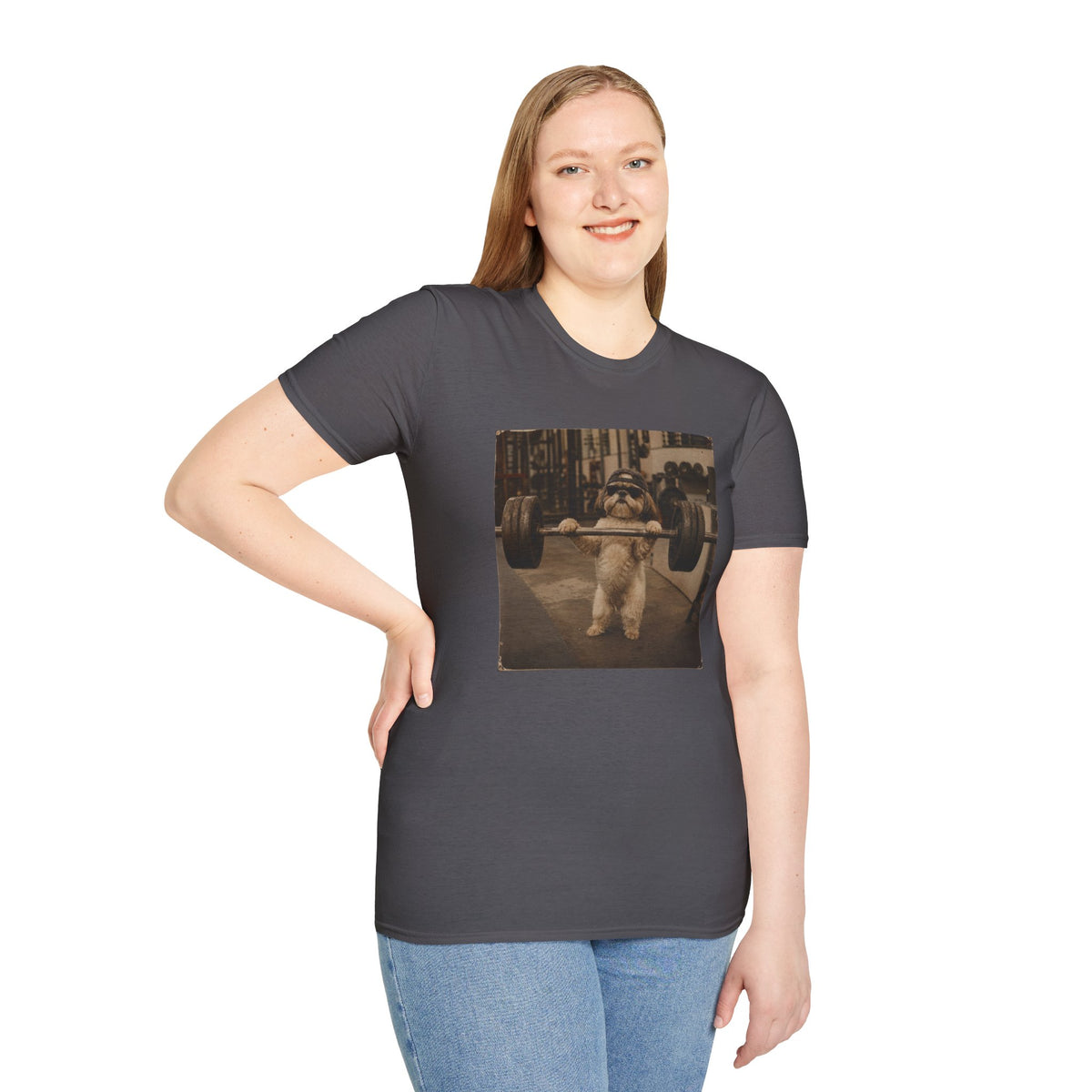 Strong Dog Lifting Barbell T-Shirt | Cute Gym Animal Graphic Tee