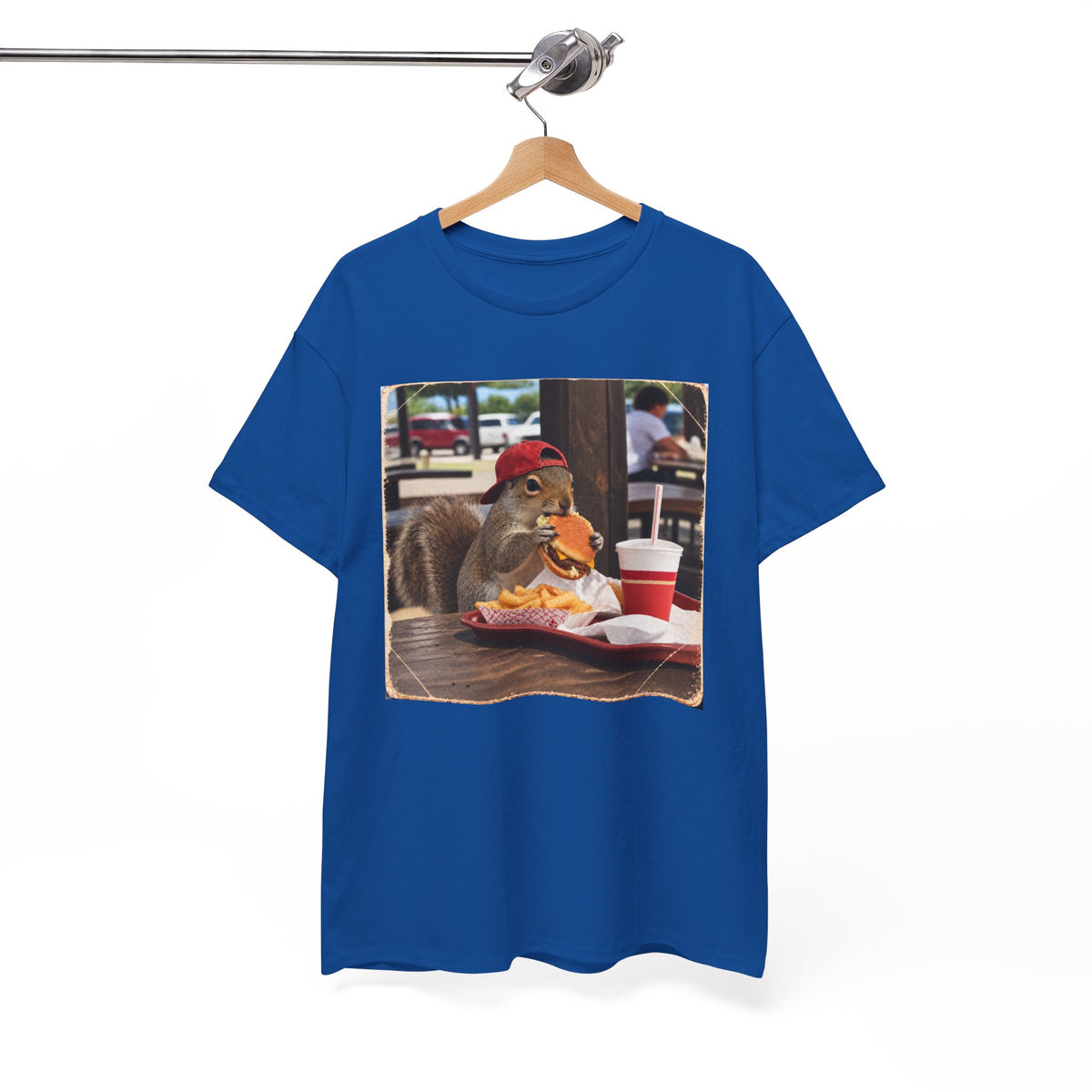 Squirrel Eating Burger T‑Shirt — Funny Animal Photo Tee