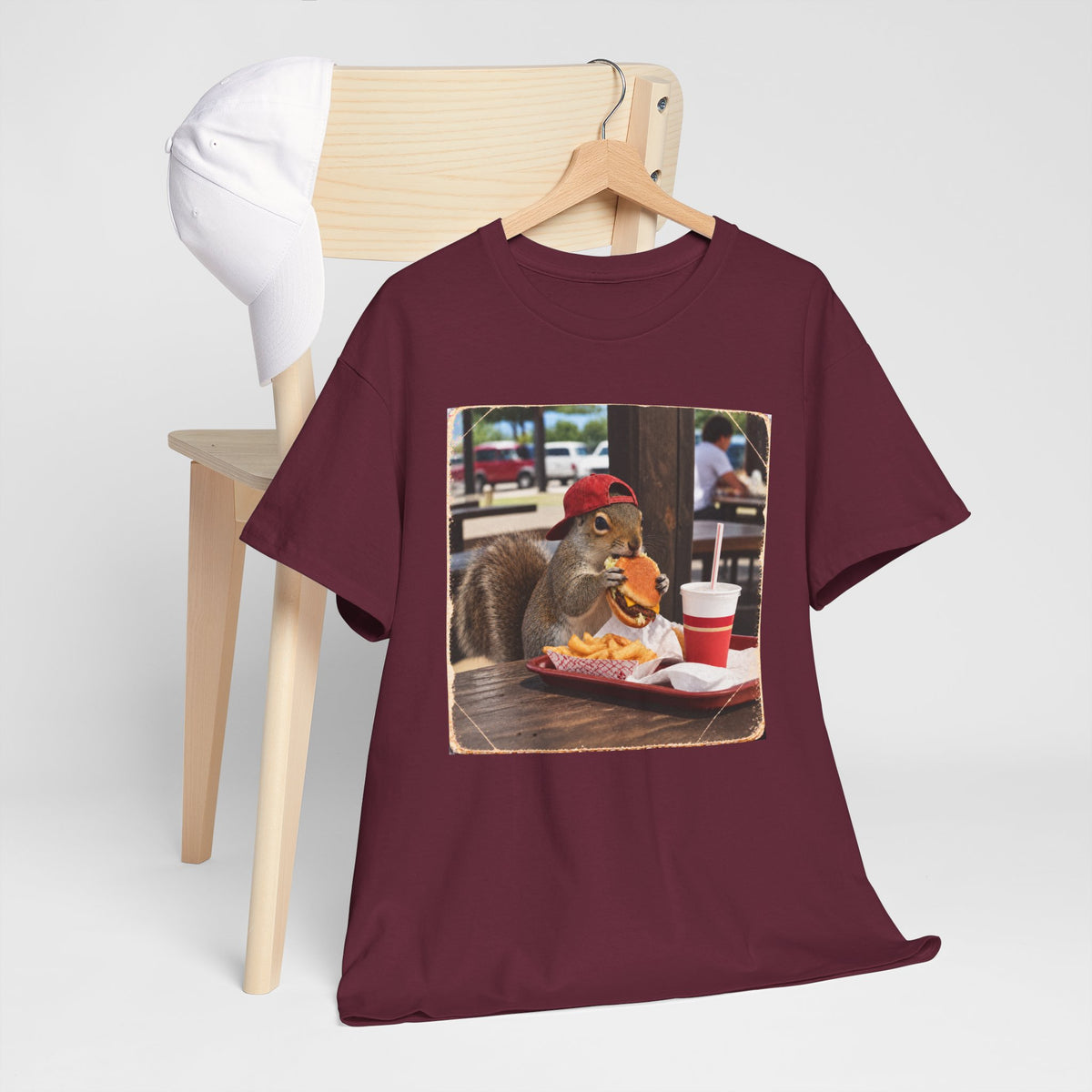 Squirrel Eating Burger T‑Shirt — Funny Animal Photo Tee