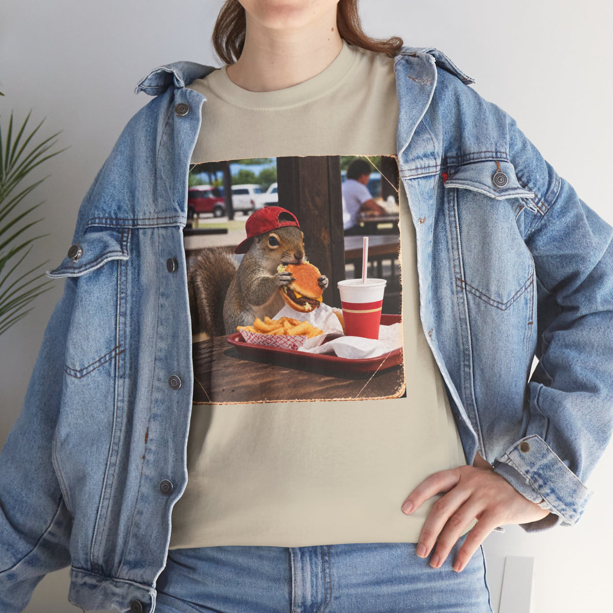 Squirrel Eating Burger T‑Shirt — Funny Animal Photo Tee