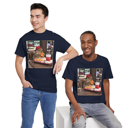 Squirrel Eating Burger T‑Shirt — Funny Animal Photo Tee
