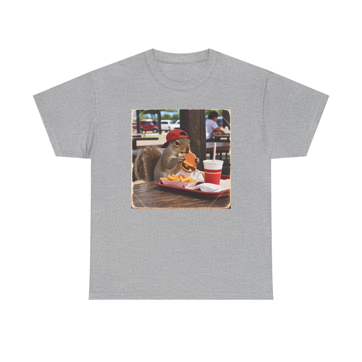 Squirrel Eating Burger T‑Shirt — Funny Animal Photo Tee