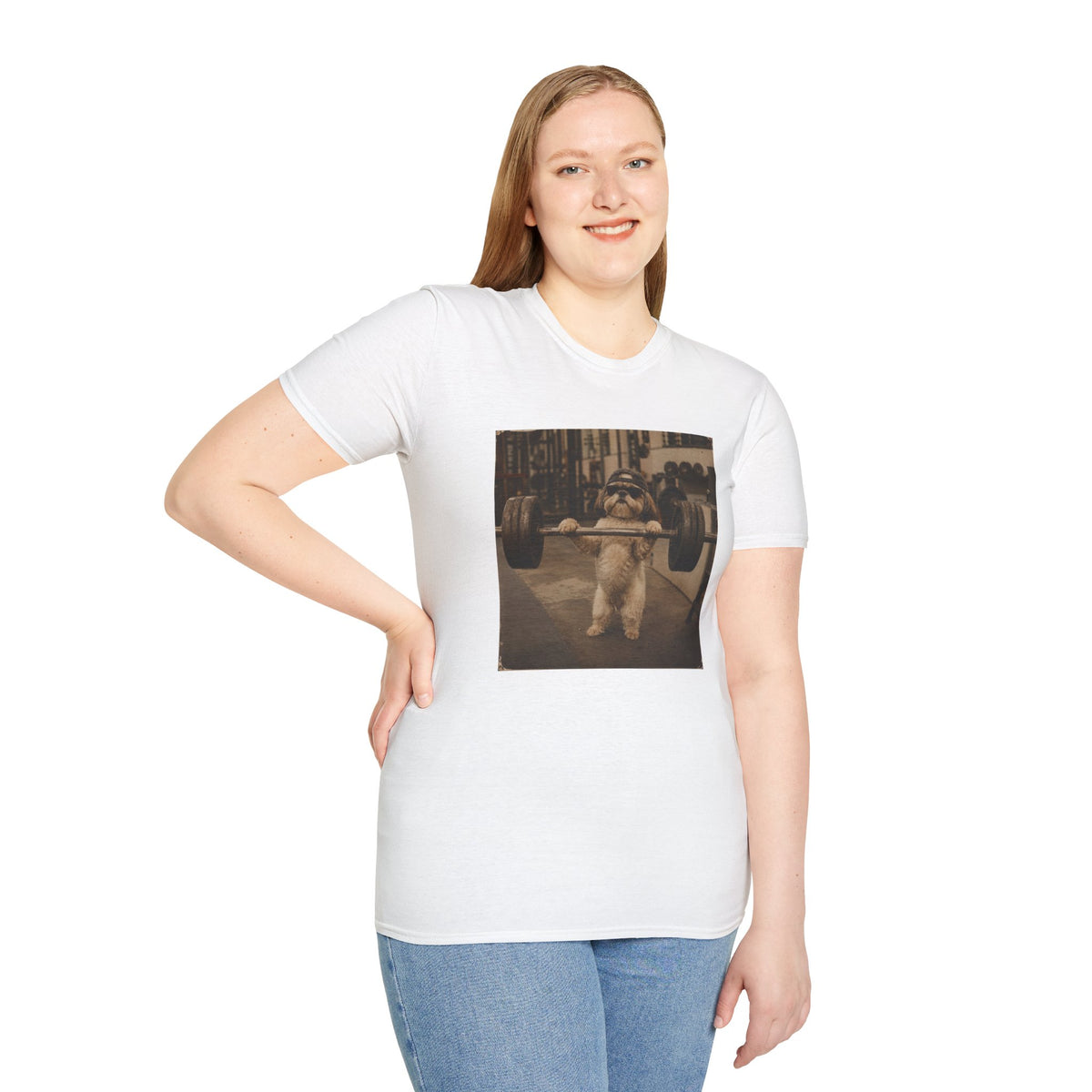Strong Dog Lifting Barbell T-Shirt | Cute Gym Animal Graphic Tee