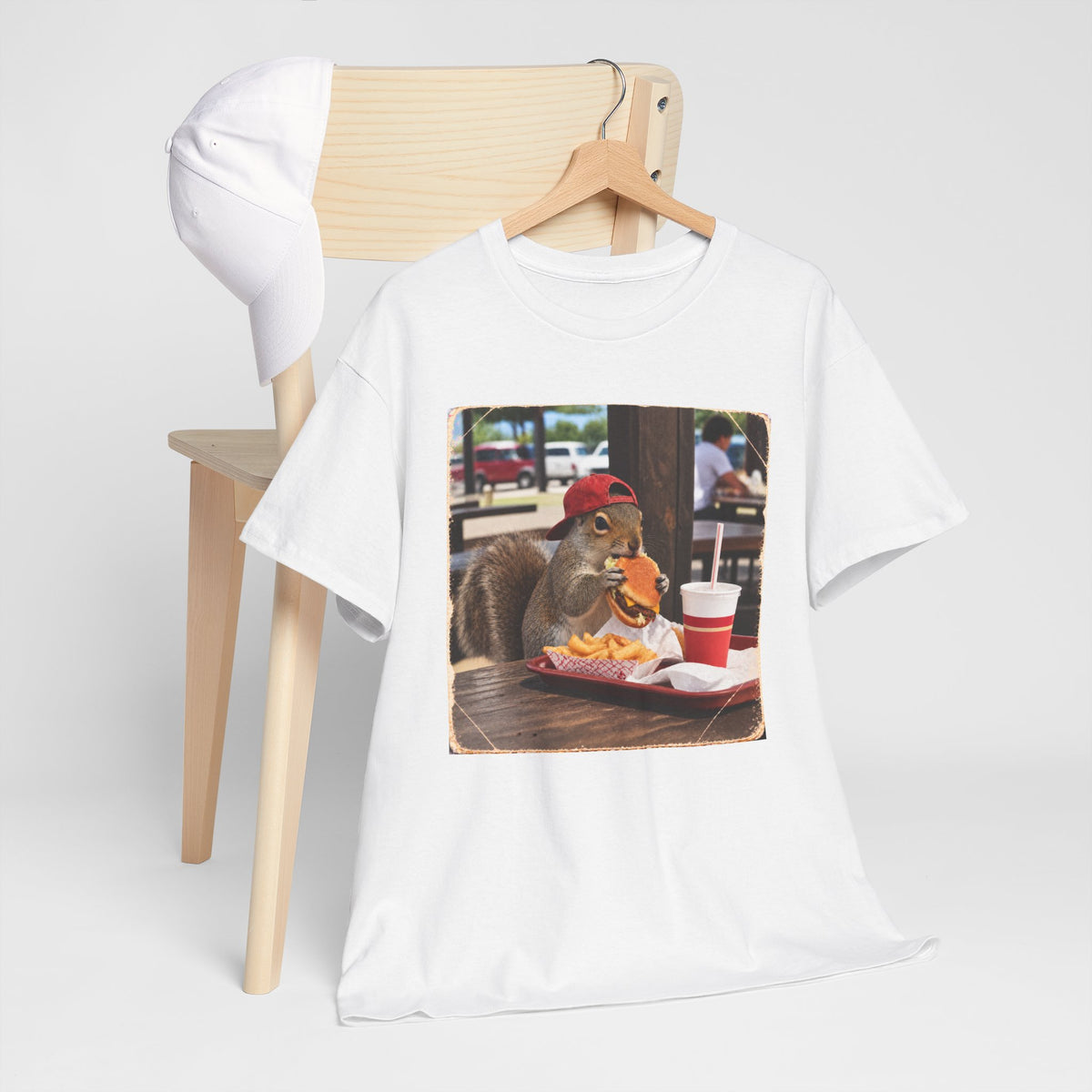 Squirrel Eating Burger T‑Shirt — Funny Animal Photo Tee