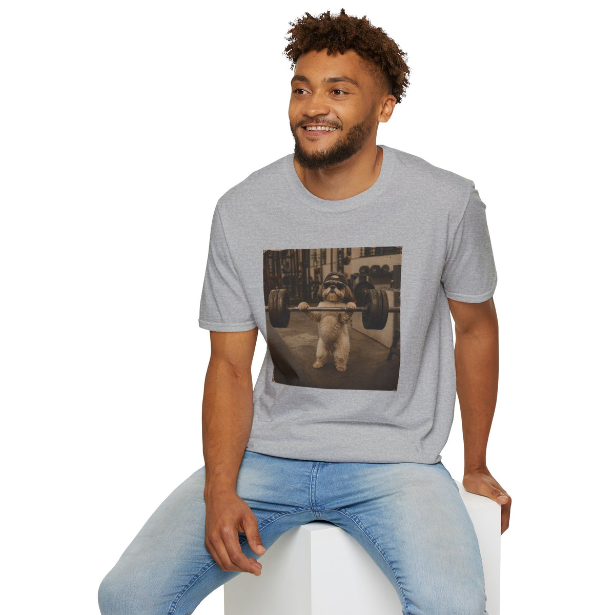 Strong Dog Lifting Barbell T-Shirt | Cute Gym Animal Graphic Tee